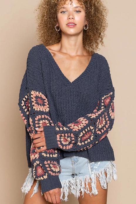 Contrast Square Pattern Sleeves Chenille V-Neck Sweater