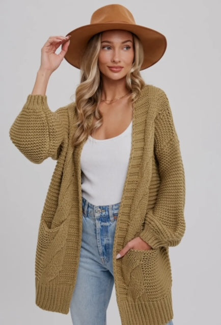 Chunky Cable Lantern Sleeve Cardigan